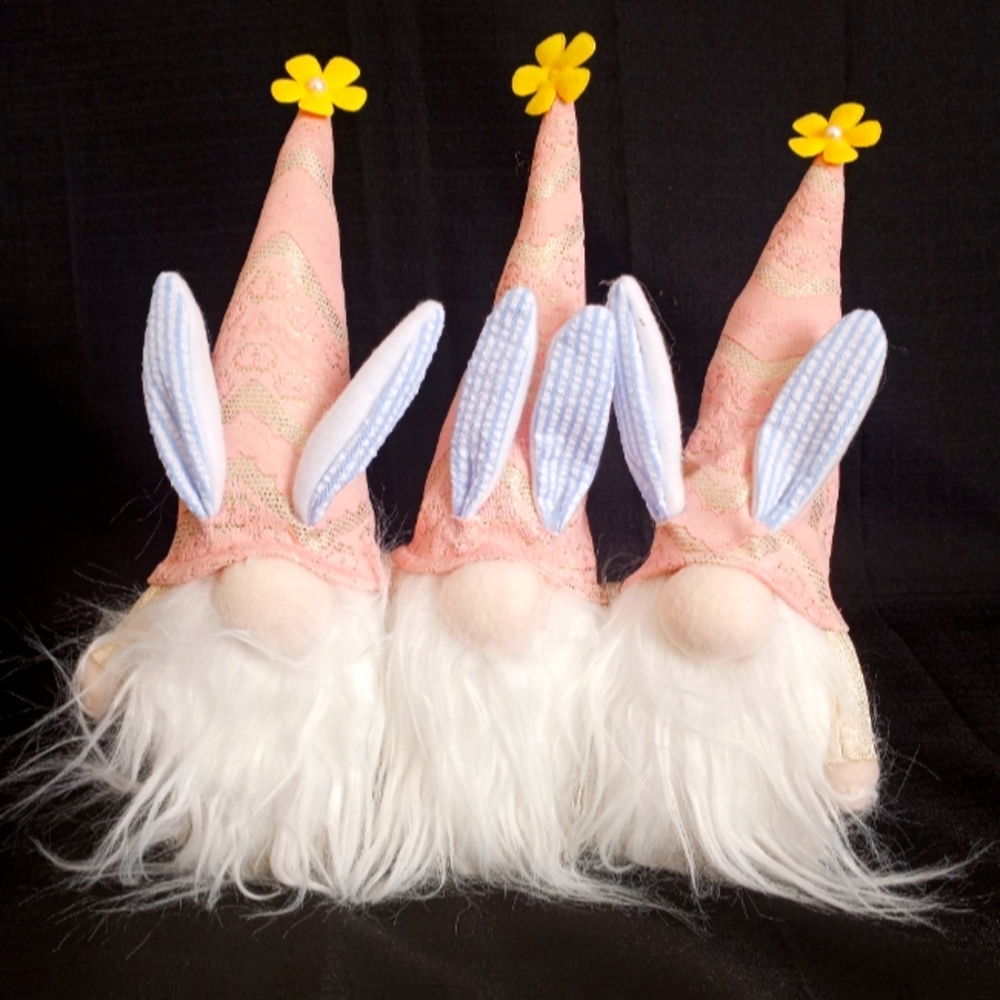 Gnome Trio Easter Bunny 12" Plush Shelf Sitter Decor Pink, White, Blue, Gold NEW